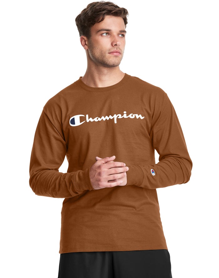 Champion T-Shirt Heren - Bruin - Classic Long-Sleeve Script Logo ( 916527-FZX )